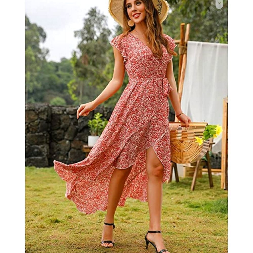 Grecerelle Red Floral Wrap High-Low Dress